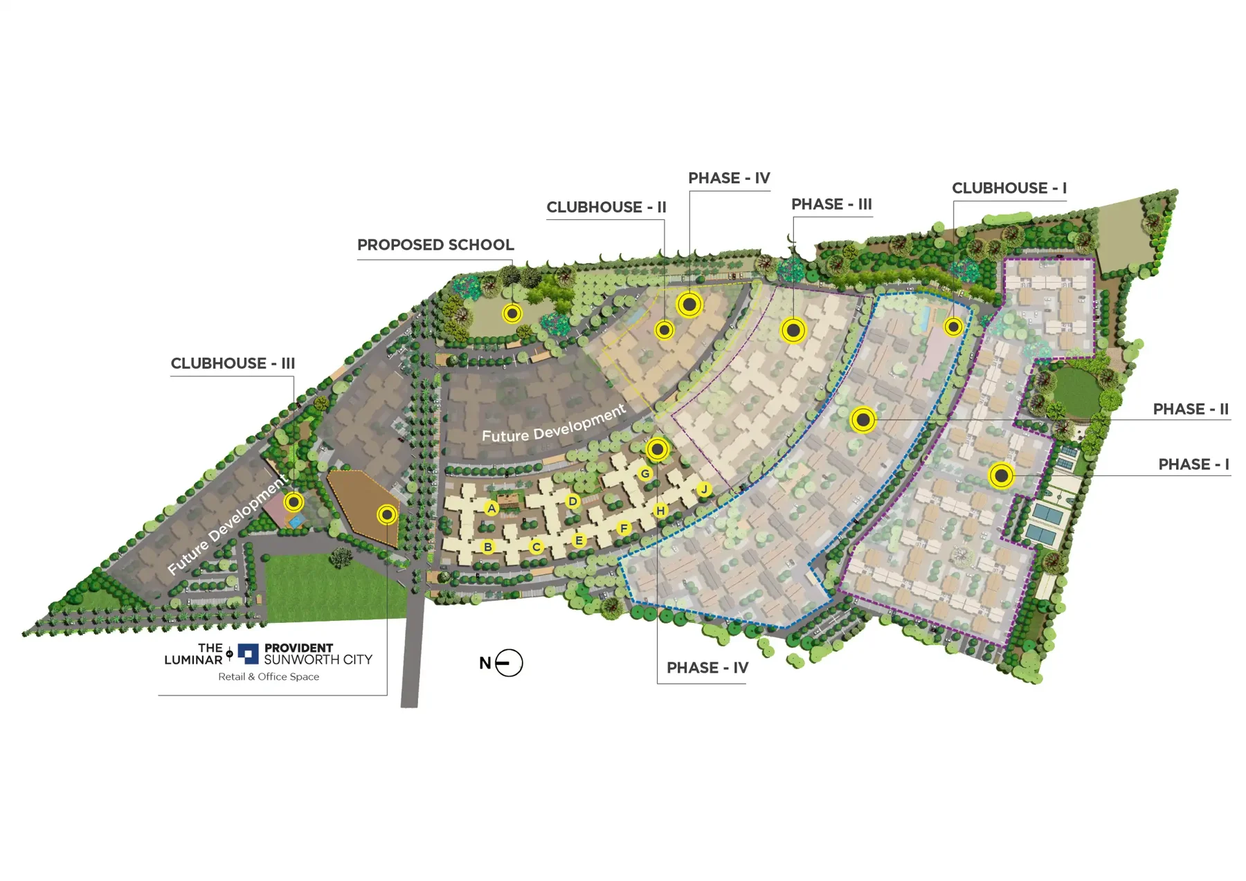 Provident Sunworth City developer master plan showing phases and future-development areas.